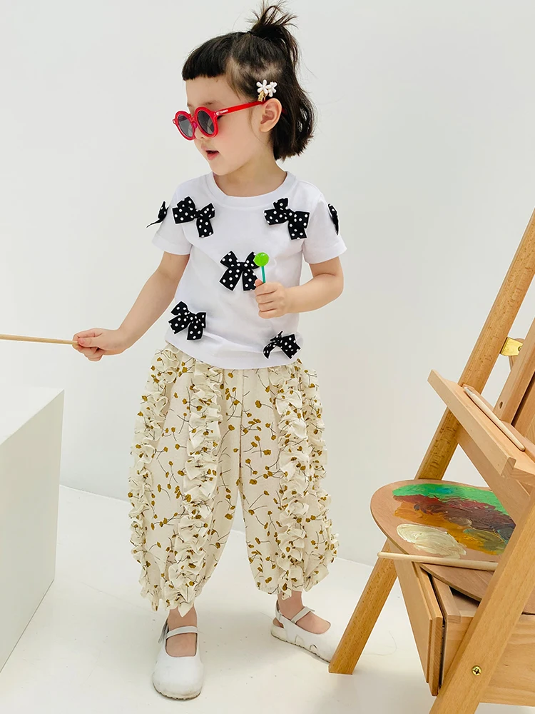 

imakokoni polka dot bowknot pure cotton floral children's mosquito pants thin summer girls and women two-piece suit 21651