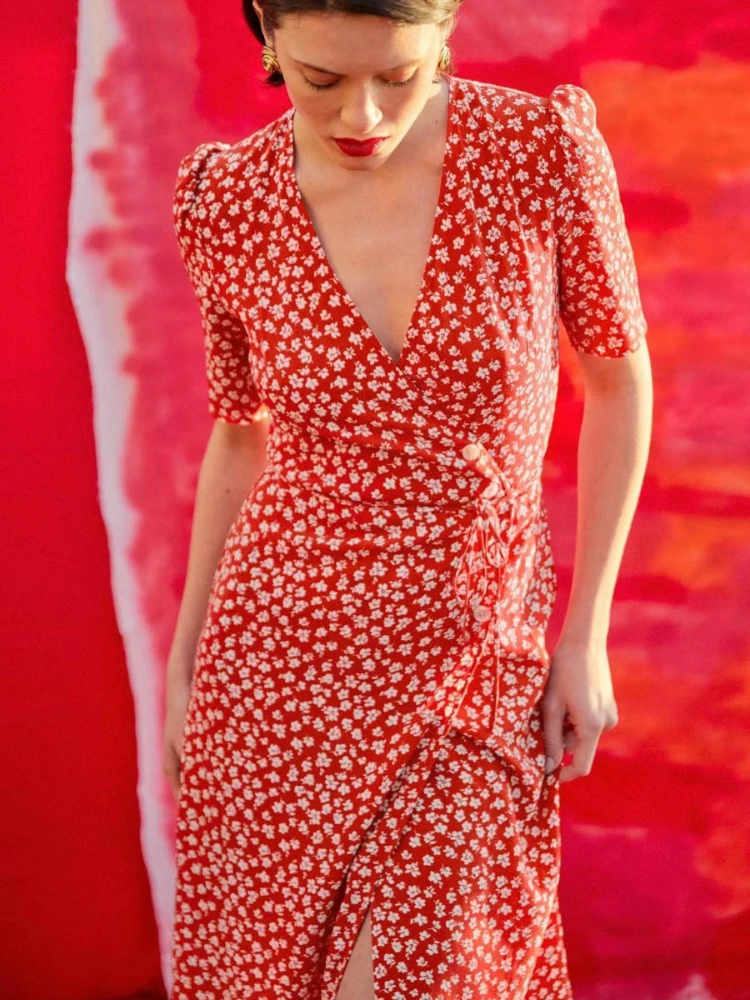 

Rouj-Women's Floral V-Neck Bubble Sleeve Wrap Dress, Summer Evening Dresses, Birthday Dress for Women, Y2k