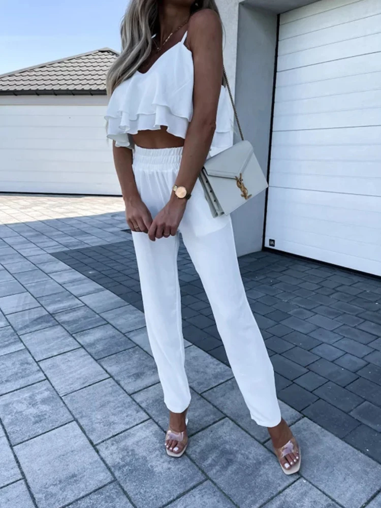

Elegant Commute Outfits Women Two Piece Set Fashion Sexy Sling V-Neck Loose Ruffle Crop Tops + Trousers Casual Solid Beach Suits