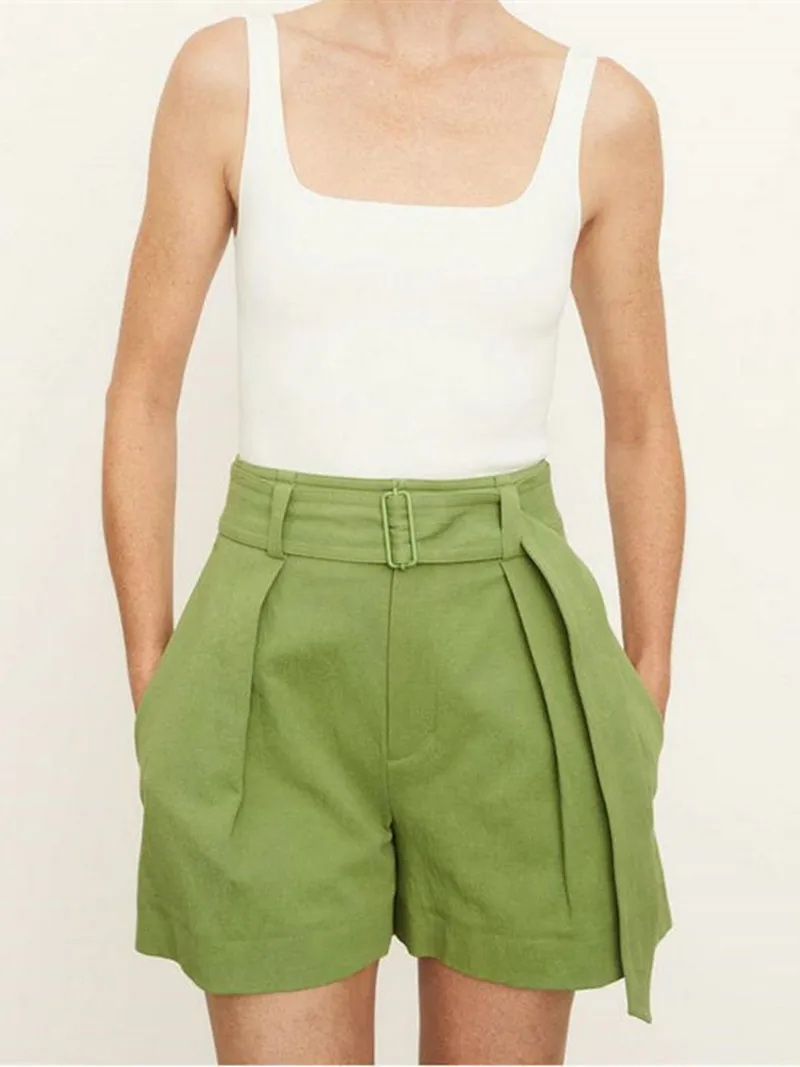 

Ladies Pleated Shorts with Belted Summer 2022 New Women's Green Cotton Linen Straight High Waist Twill Short Pants with Pockets