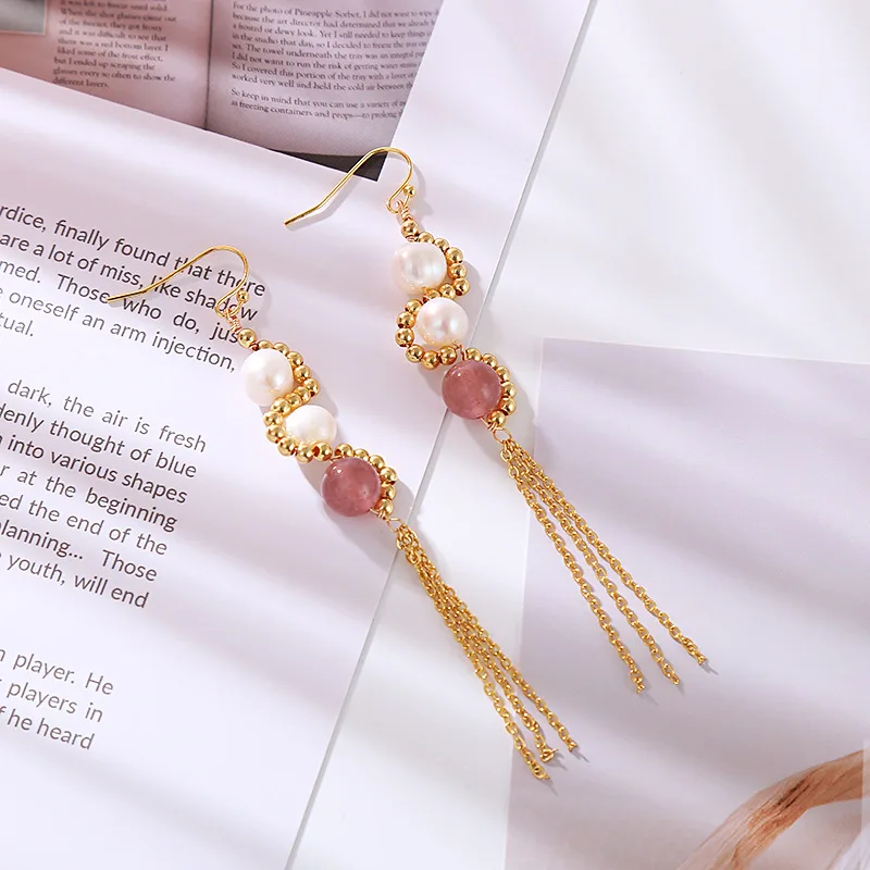 Женские серьги-подвески с натуральным пресноводным жемчугом и клубничным