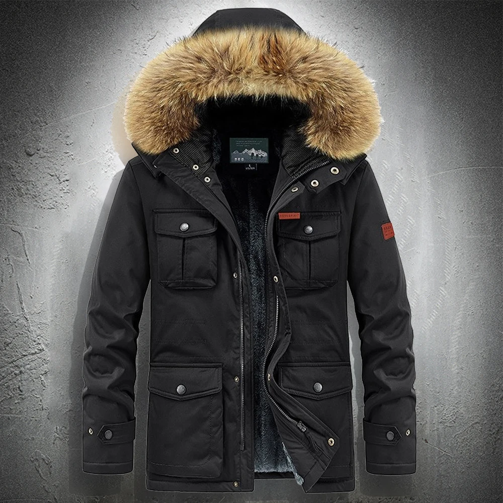 Winter Parka Jacket Men Fashion Clothing Fur Trim Hooded Jacket Fur Lined Thicken Warm Outdoor Coats Men Plus Size 8XL Coats