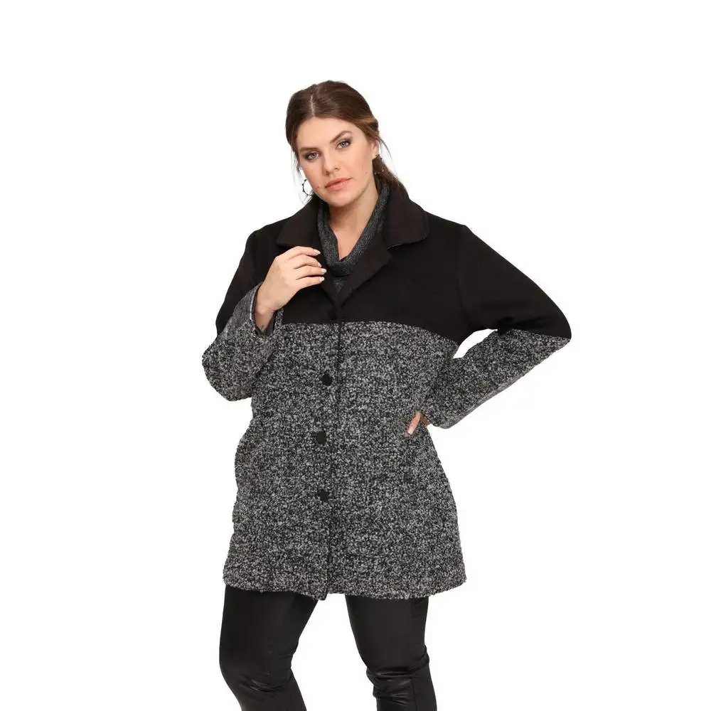 Fcuffy women large size coat Lm46210 men collar button closure long sleeve sports pocket Buklet wool blend stamp combination black