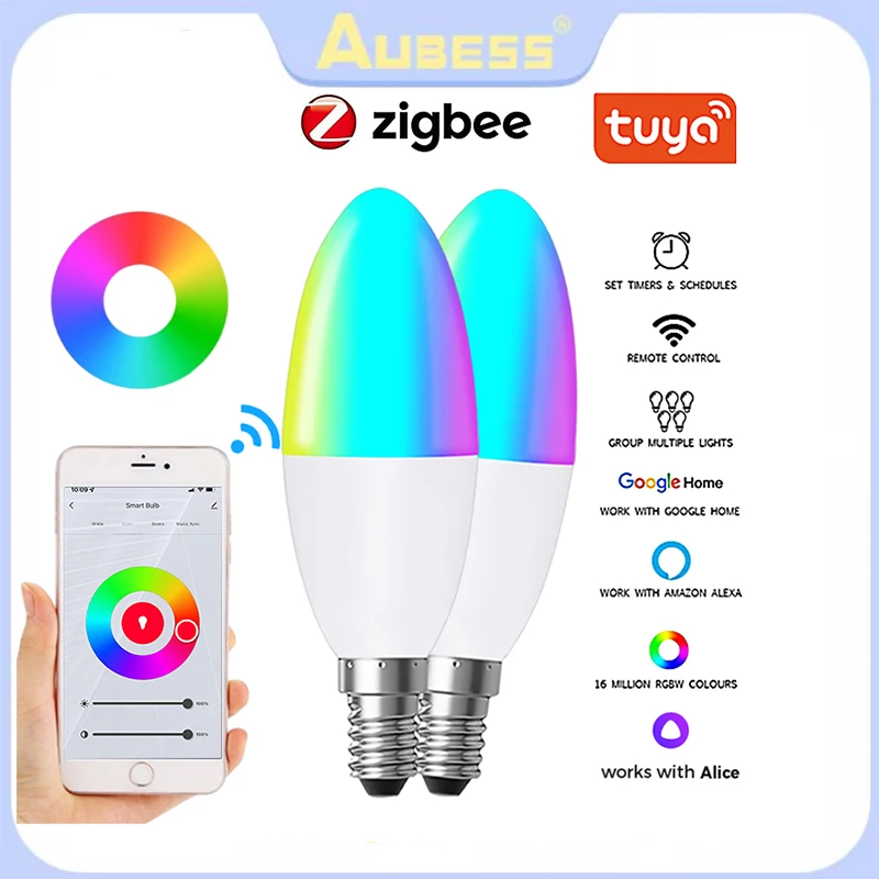 

Умная лампа Zigbee E14, светильник с регулируемой яркостью, RGB + CW + WW 5 Вт, управление голосом через приложение
