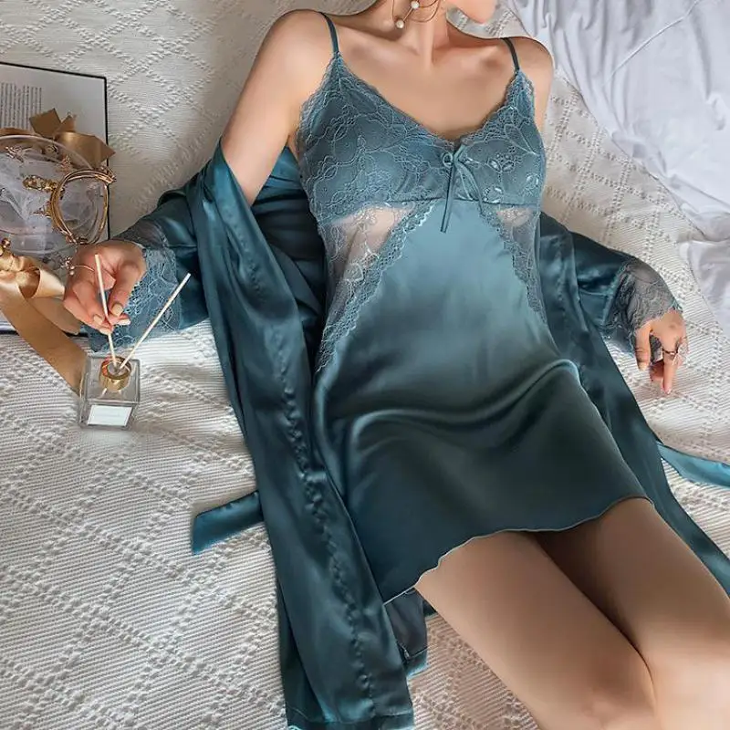 

2PCS Sleepwear With Lace Kimono Robe Gown Summer Women Sleepdress Sexy Nightwear Bathrobe Perspective Chemise Nightgown Lingerie