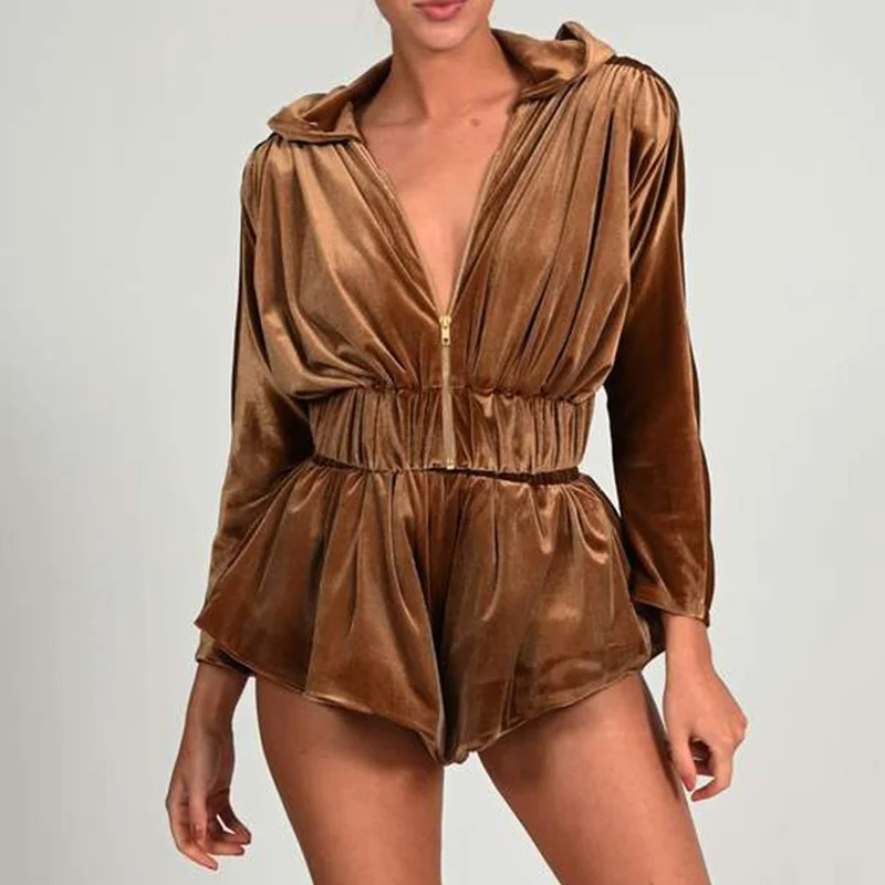 Black Long Sleeve Gold Velvet Bare Navel Hoodie Short Jacket and Shorts Two Piece Set Winter Sexy Women Velvet Two Piece Set