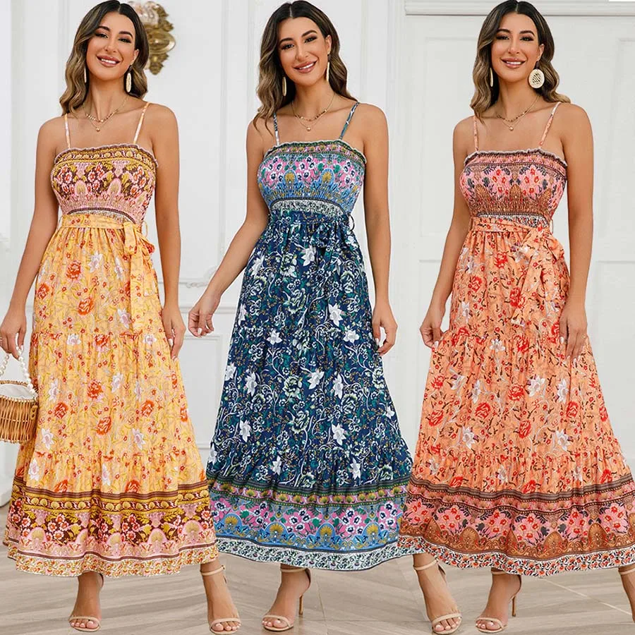 

Women's Elegant Vintage Sleeveless Halter Print Dress, Bust Stretch Slip Floral Sexy Party Dress, New Factory Price