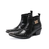 Genuine Leather High Heels Pointed Toe Black Rivets Boots With Metal Male Plus Size Wedding Business British Style Dress Shoes