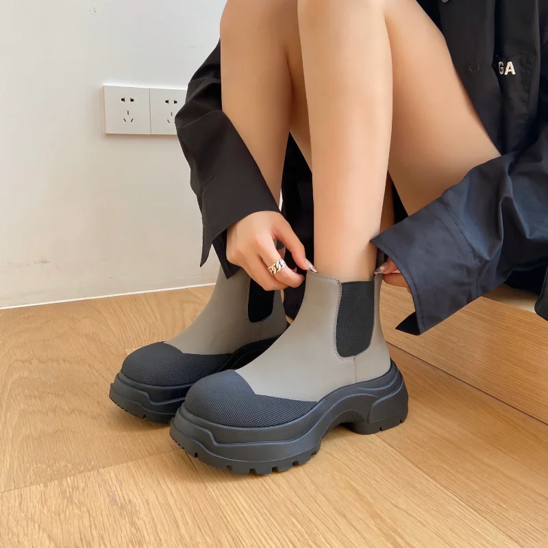 

Black Platform Chelsea Ankle Boots Woman Winter 2022 New Gray Elegant Designer Boot Female Luxury Fashion Booties Ladies Shoes