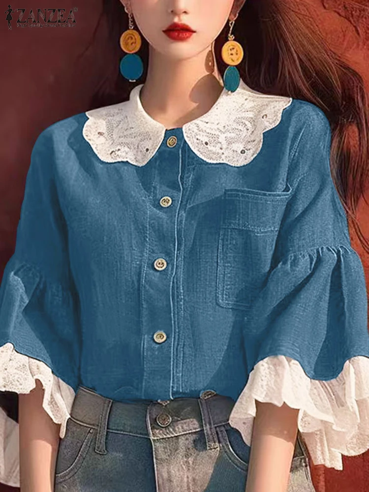 2024 женские расклешенные рубашки с рукавами 3/4 ZANZEA корейские модные однотонные