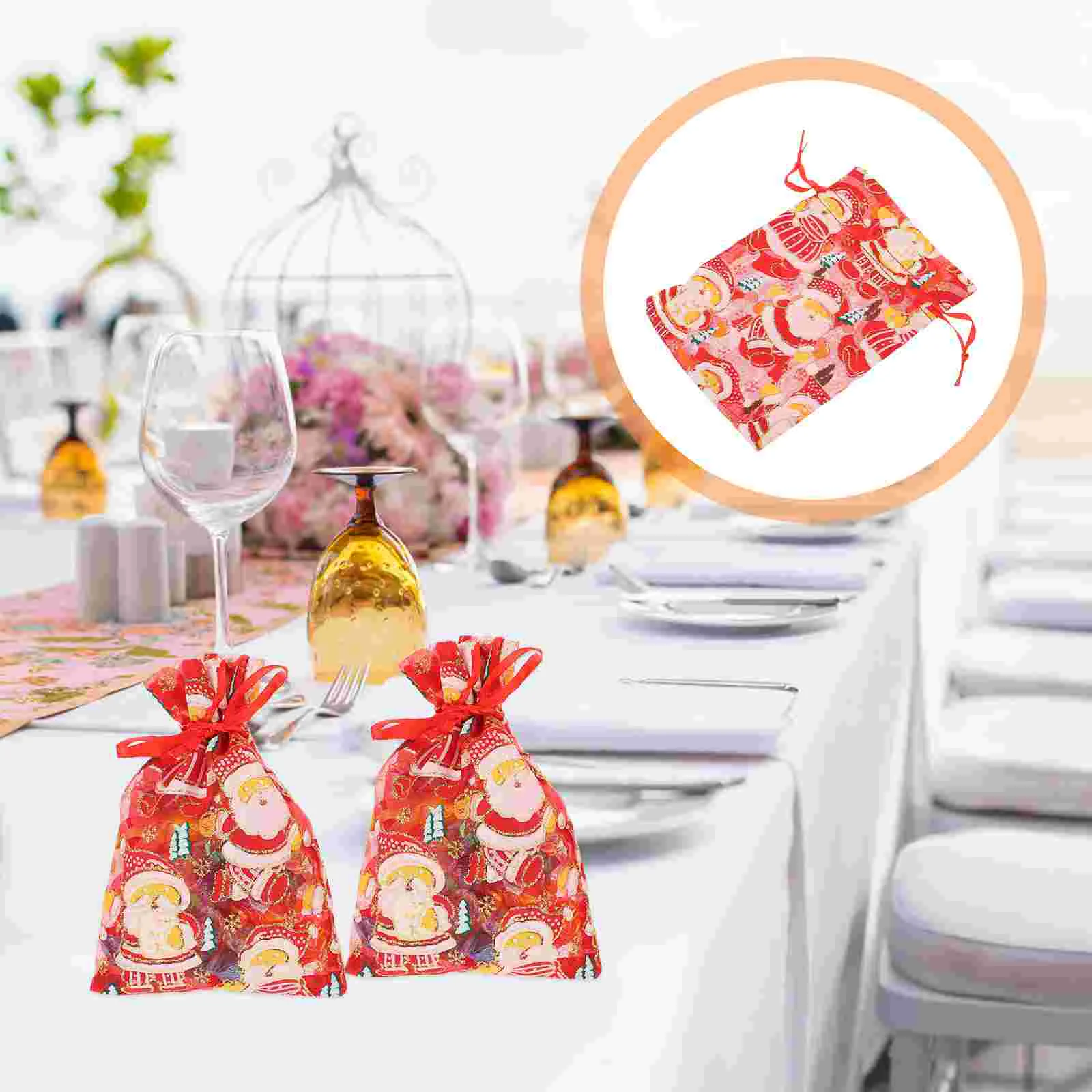 

50pcs Christmas Organza Gift Bag Santa Drawstring Candy Pouches Party Supplies