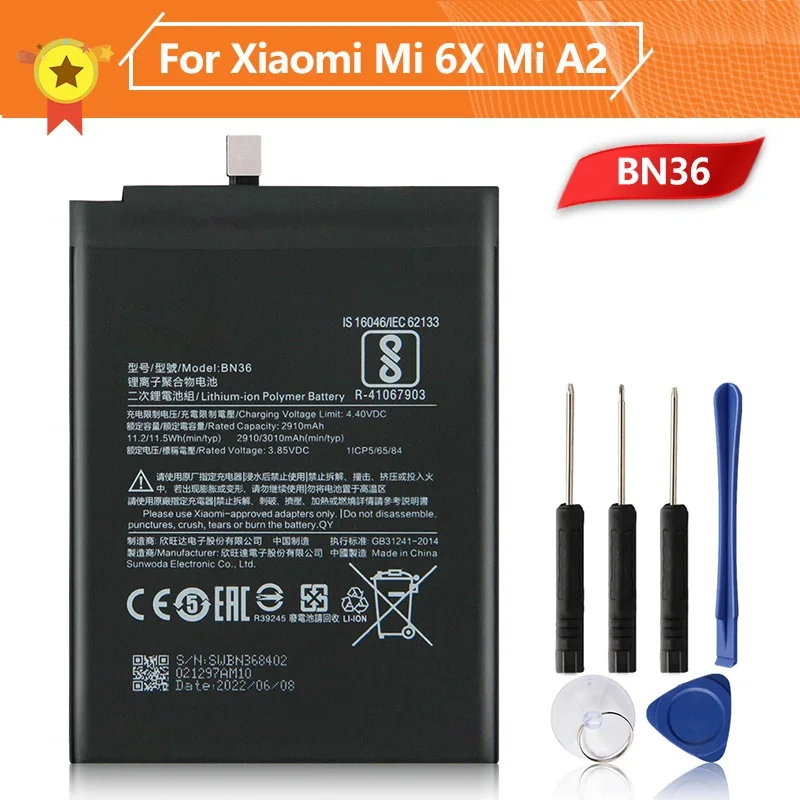 

Phone Battery BN36 for Xiao Mi 6X 3010mAh BN36 MI A2 MiA2 Xiaomi A2 Replacement Battery + Tool