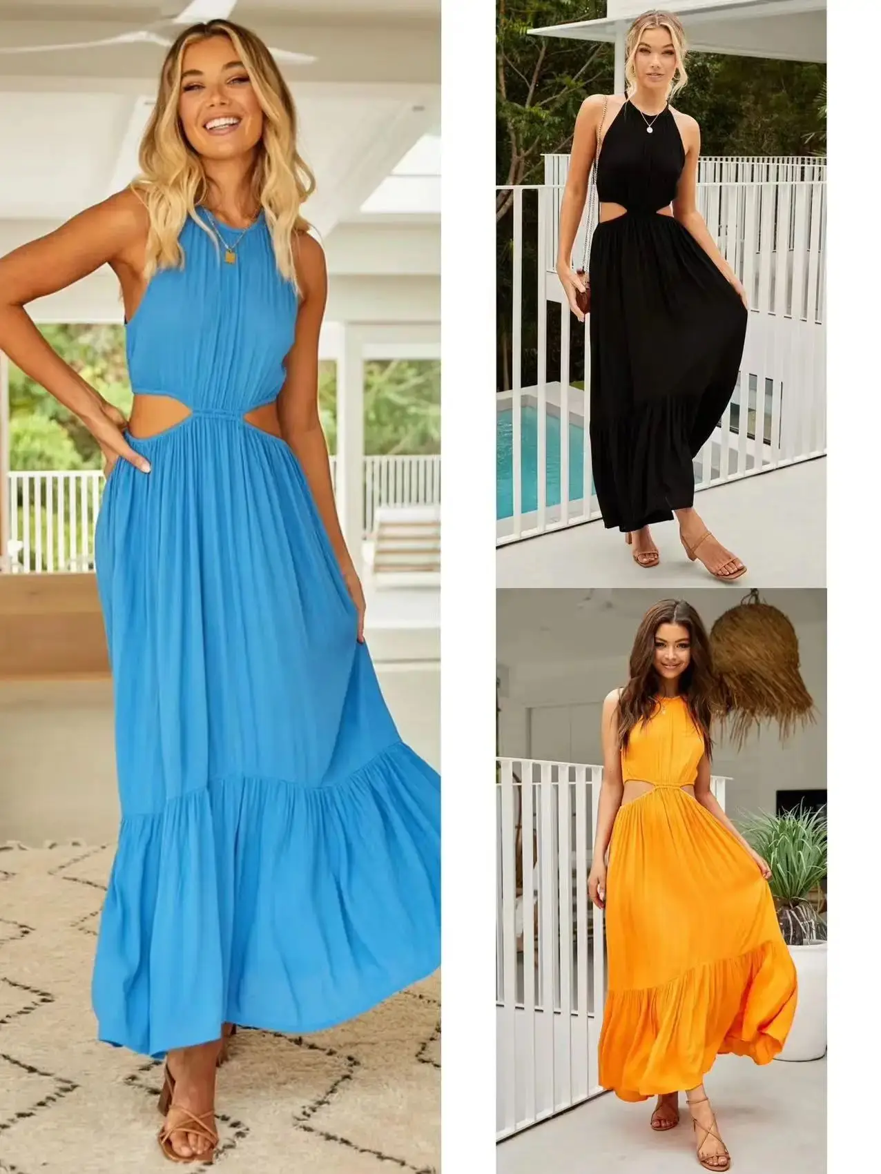 

New Elegant Solid Women Dress Halter O-neck Sleeveless Naked Waist Pleated Long Dress Summer Vacation Casual Female Clothing