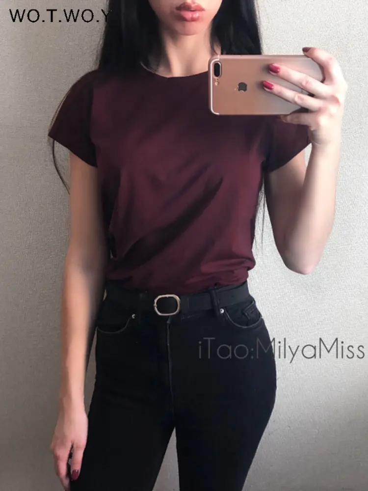 

WOTWOY 2023 Summer Casual Solid Slim Fit T-shirts Women Cotton Basic T Shirt Female Knitted Tops Y2k Clothes Korean Fashion Tees