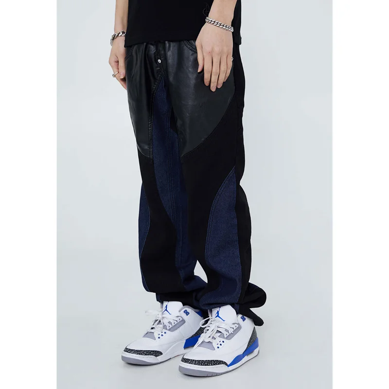 Men's Wear New Recreational Vintage Black Parchment Jeans Stacking Texture Straight Cylinder Loose Street Trousers Autumn Female