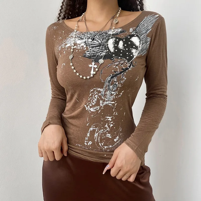 

Women Vintage T-Shirt Long Sleeve Round Neck Floral Print Graphic Casual Spring Summer Harajuku Fairy Grunge Y2k Tops Blusas