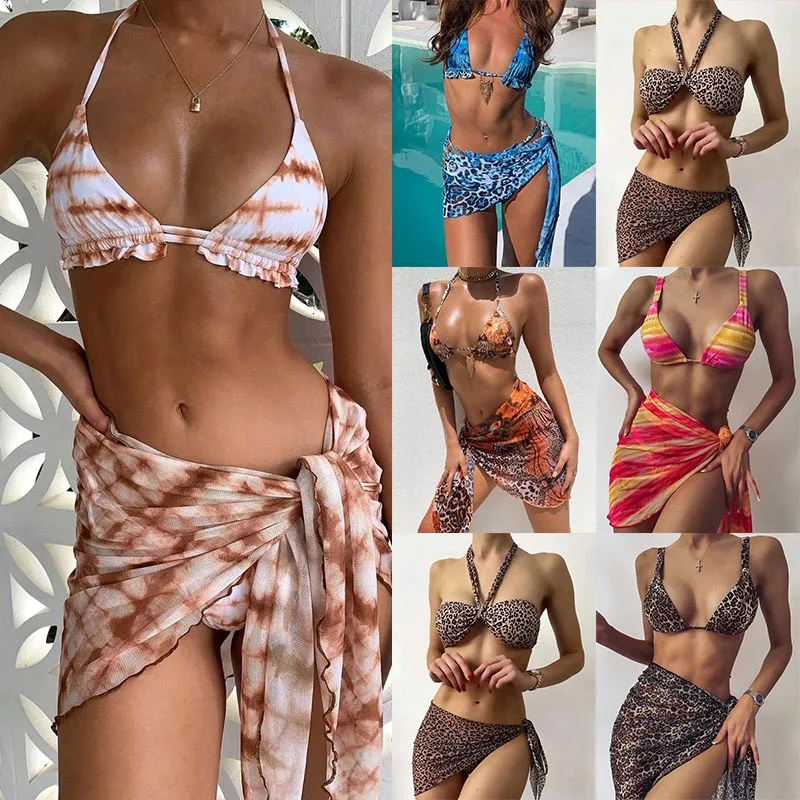 

Sexy 3 Piece Swimsuit Women Tie Dye Push Up Padded Biquini Brazilian Summer Bathing Suit Thong Bikini 2022 Swimwear Women Skirt