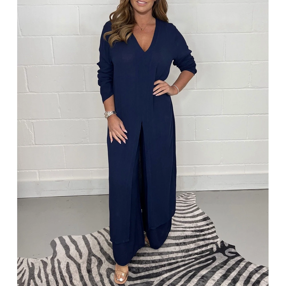 Summer Women Casual V Neck Long Sleeve Extra-Long Top & Wide Leg Pants Set Femme Hem High Split Two Pieces Set Workwear Outfits