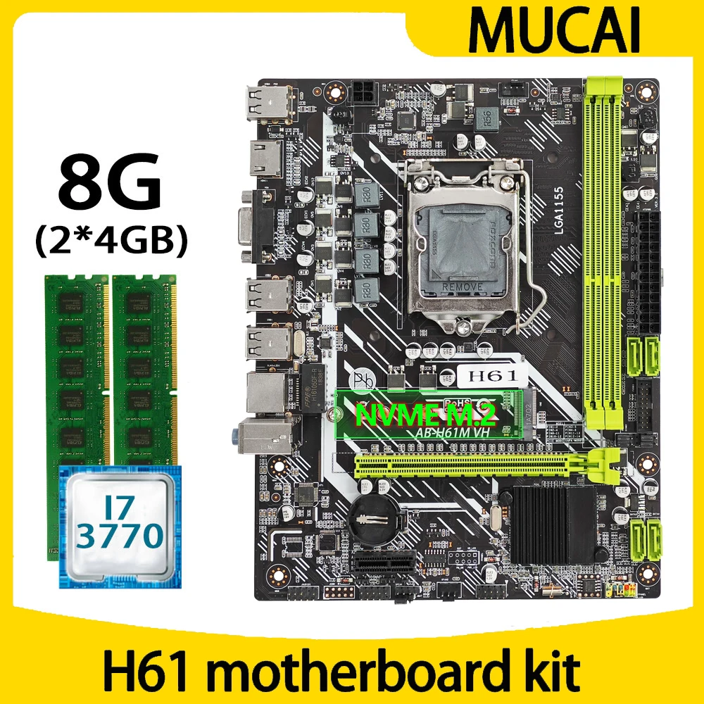 

Материнская плата MUCAI H61 LGA 1155 комплект с DDR3 8 Гб (2*4 Гб) 1600 МГц ОЗУ и процессором Intel Core i7 3770 процессор ПК компьютер