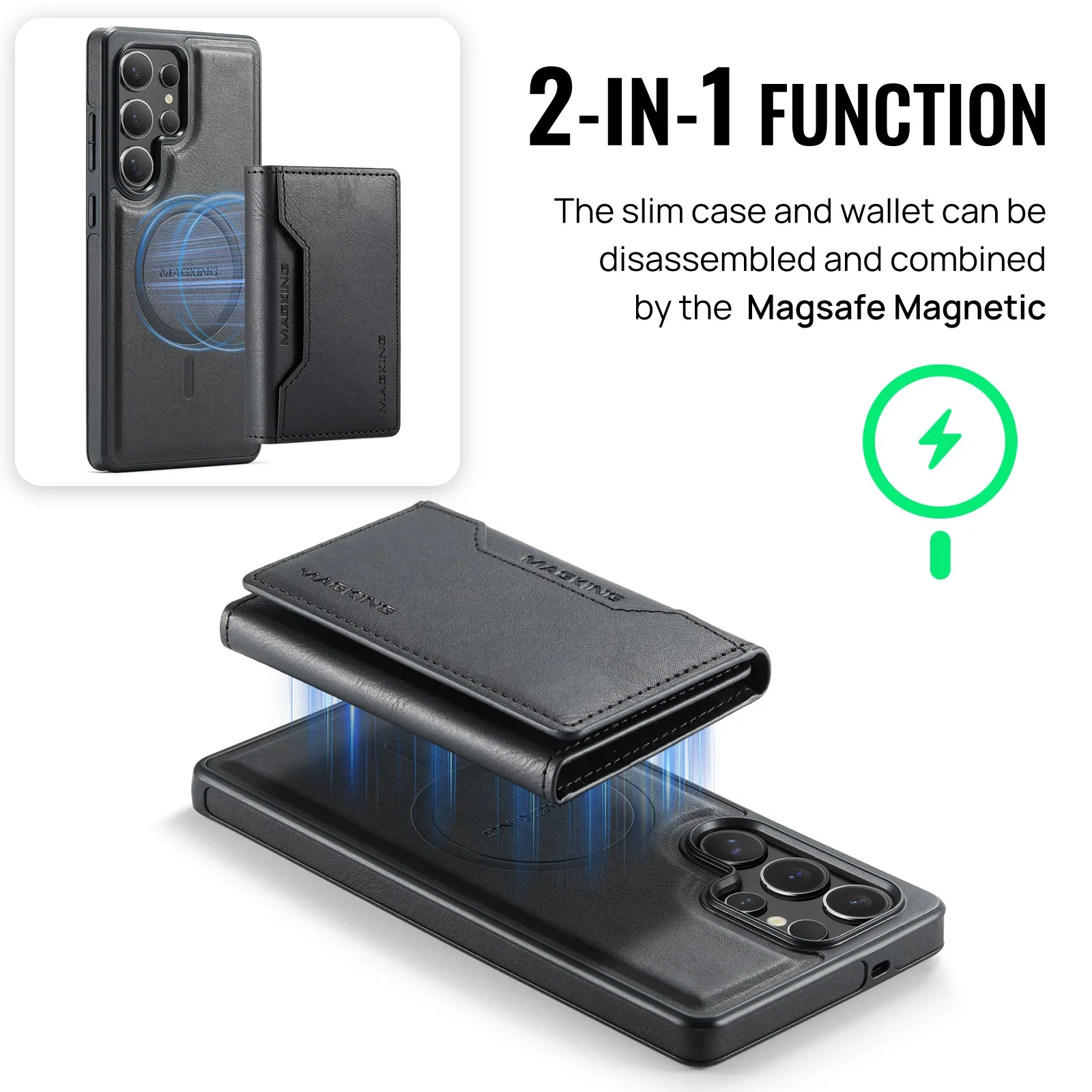 Чехол 2 в 1, для Samsung Galaxy S25 S24 Ultra Plus FE, беспроводное зарядное устройство, Magsafe, кошелек, карман для карт, магнитный чехол с подставкой (art.: 3920cc2e7b24e) - 3920cc2e7b24e