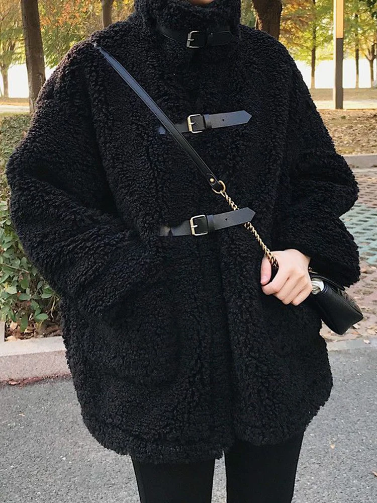

Пальто женское из искусственной шерсти, пушистая винтажная модная плюшевая верхняя одежда, повседневное Свободное пальто с воротником-стойкой, Осень-зима