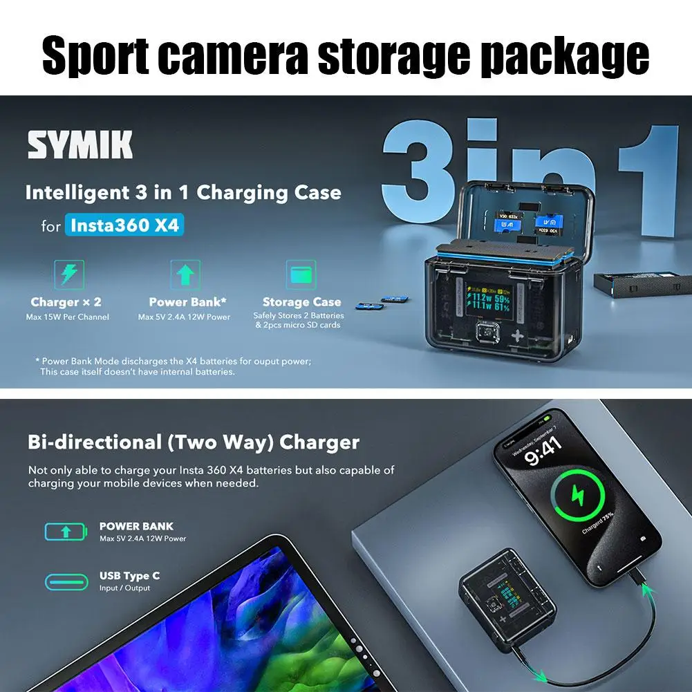 Двухканальная аккумуляторная батарея для Insta360 X4 OLED дисплей с магнитной крышкой и