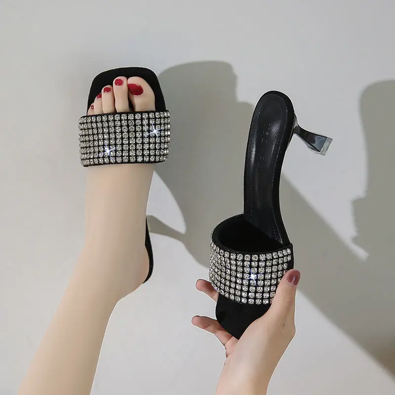 

Rhinestone Slippers For Women 2022 Summer Thin Heels High Heels Slides Lazy Sandal Ladies Shoes Party Dress Pumps Slip On Mule