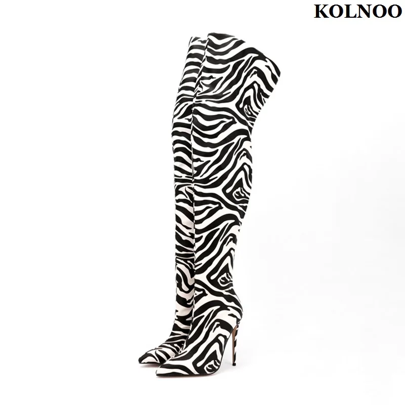

Kolnoo New Handmade Ladies High Heels Thigh-High Boots Zebra Style Large Size 34-47 Prom Over Knee Boots Evening Fashion Shoes