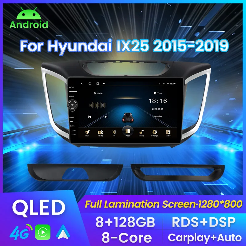 

10INCH QLED Screen Car Radio For Hyundai Creta IX25 2015 - 2019 GPS Navigation Android11 8+128G Carplay+Auto WIFI 4G RDS DSP