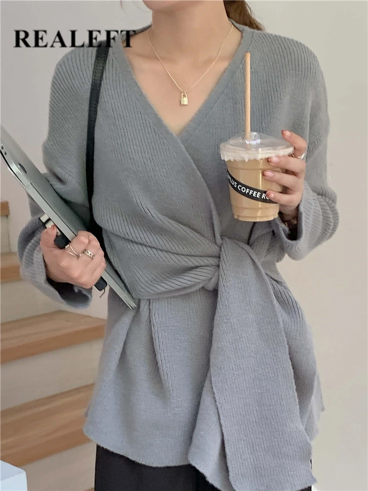 

REALEFT Autumn Winter Cross V-Neck Women Sweater Sashes 2022 New Long Sleeve Solid Casual Fashion Loose Cardigan Sweater Female