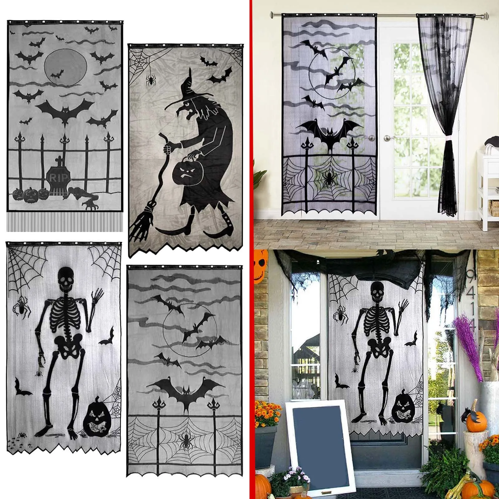 

Дверная занавеска на Хэллоуин, Черная кружевная занавеска-летучая мышь, подвеска, сетчатая дверь, пасхальные украшения, винтажные хрусталь...