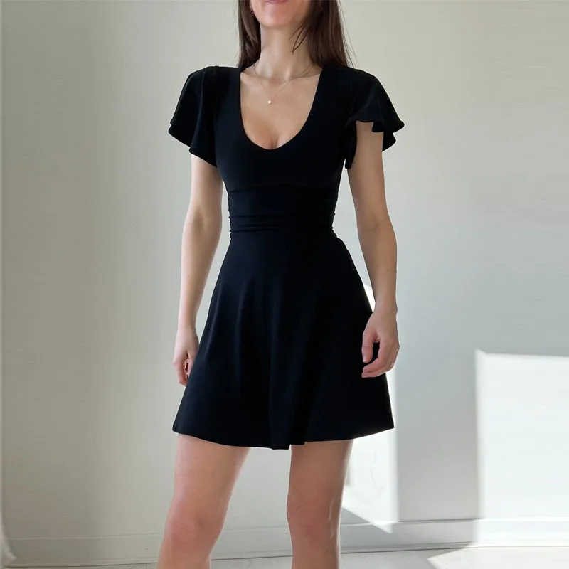 

Chic Simple Solid Office Lady Mini Dress Casual Short Sleeve Back Tie-up Slim Fit Dress Women Elegant Fashion Sexy Party Dresses
