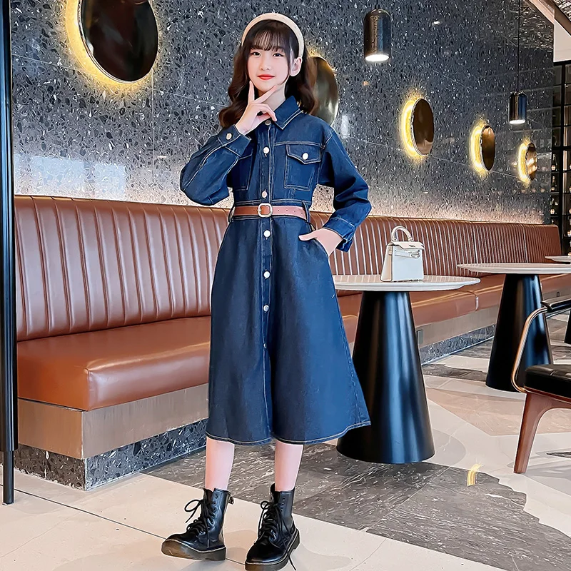

Spring Autumn Girls Dress Baby Denim Dress Kids Long Dress Children Clothes Fashion Ins Pocket Waistbelt Cotton 5-13Y