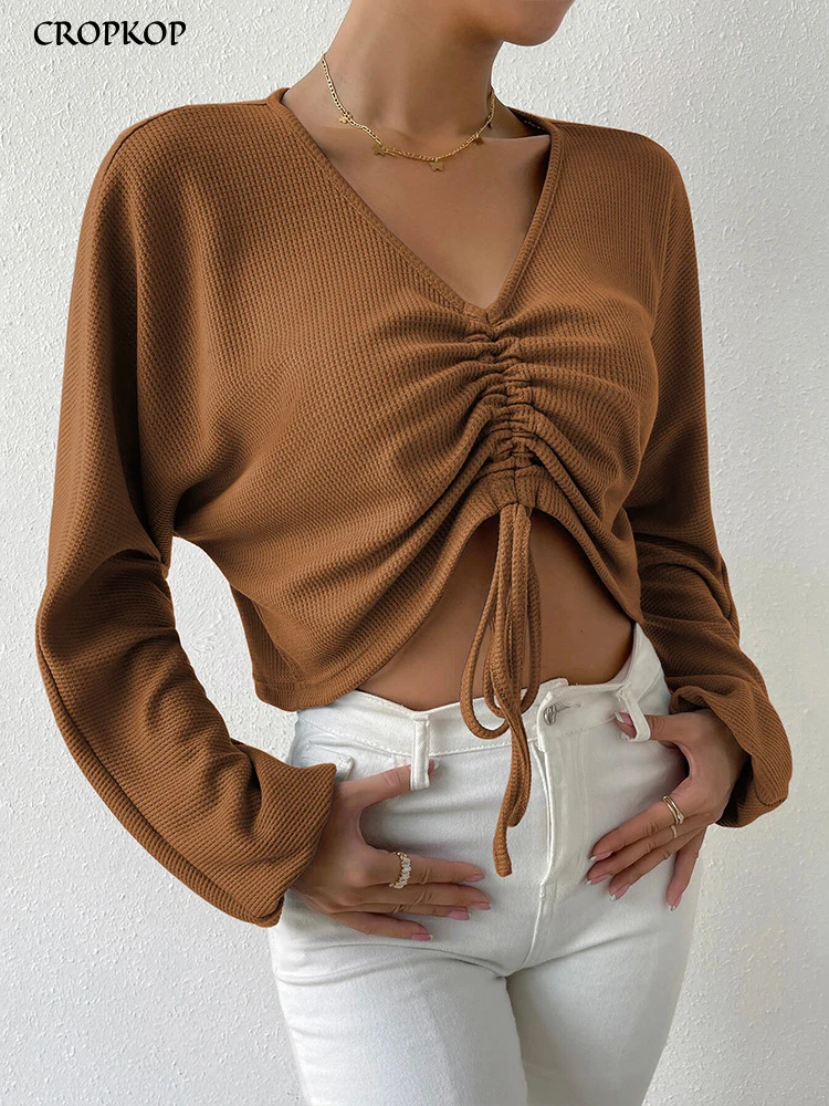

Sexy Women's Sweater Casual Knitted Long Sleeve Crop Top Fashion Brown V Neck Drawstring Sweaters Autumn Loose Pullover 2022
