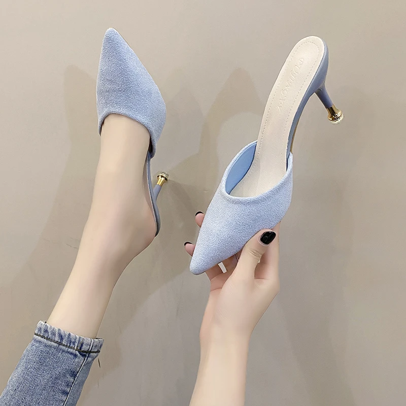 

Women's High Heels 2023 New Fashion Solid Color Slippers Muller Pointed Toe Stiletto Slippers Ladies Home Flip Flops High Heels