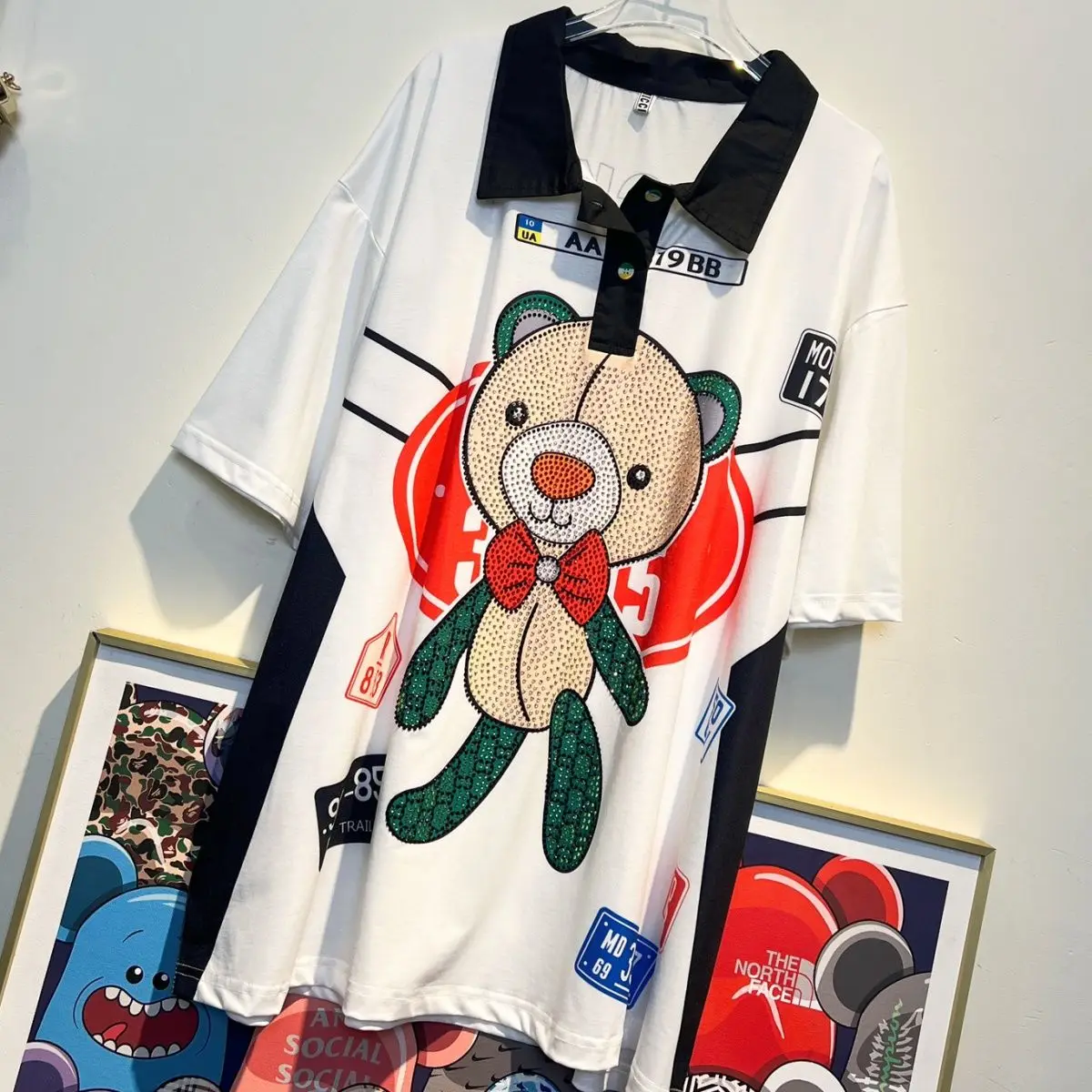 

Turn-down Collar Short Sleeve Women Tshirts 2022 New Summer Fashion Plus Size Loose Mid-length Hot Drill Cartoon T-shirt and Top