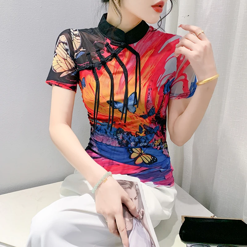 Новинка 2024 женская футболка в китайском стиле летняя с принтом виде природного
