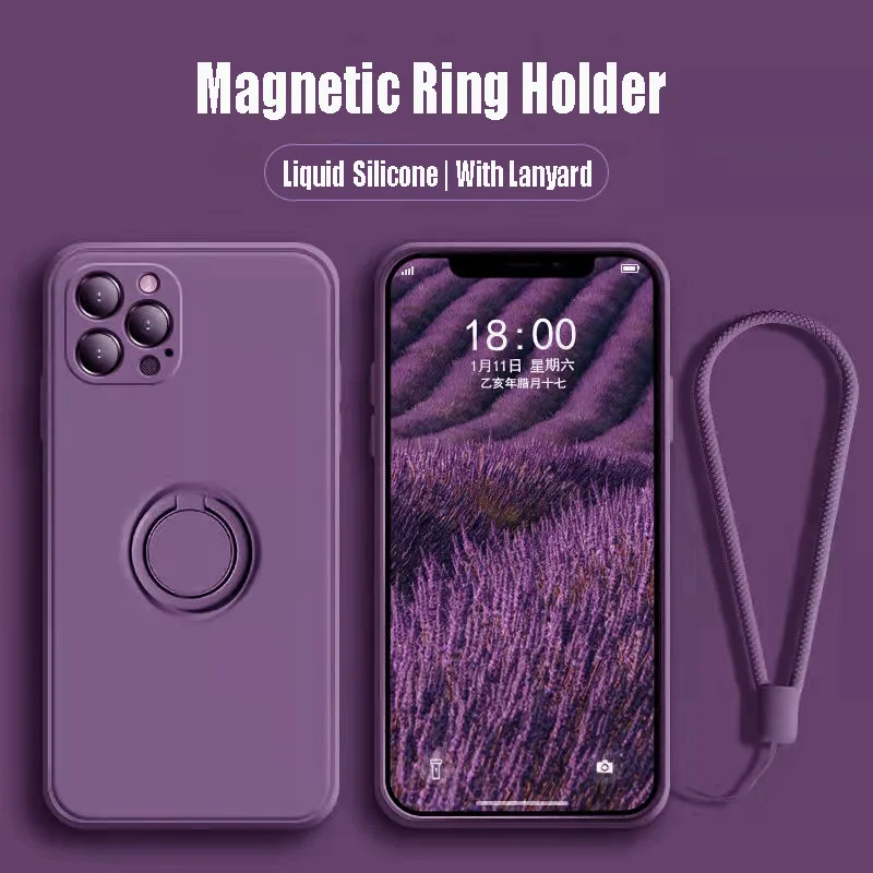 

Magnetic Ring Holder Wrist Strap Silicone Phone Case For iPhone 14 13 11 12 Pro Max Mini 14 Plus X XS XR Shockproof Cover