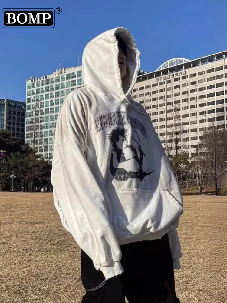 [BOMP] Эдвард Ножницы Черно-белая винтажная мужская толстовка с ручным принтом