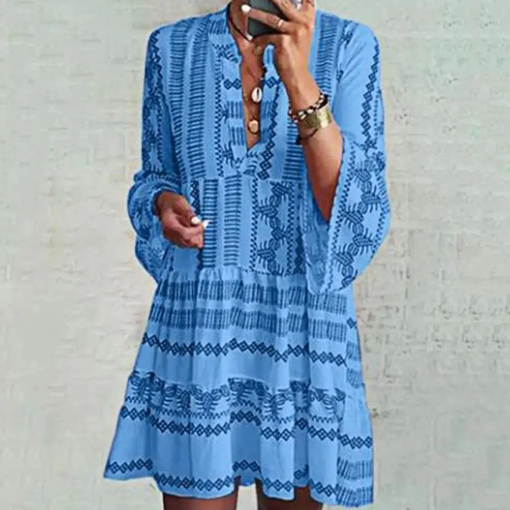 

Women's V-line Print Dress Bohemian Elegant Comfortable Trendy Fine Workmanship Stand Collar Dress Lady Accessories