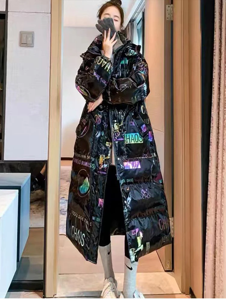KBAT Windproof Glossy Parka Sonw Coat Women's 2022 Fashion Thicken Winter Hooded Loose Long Jacket Female Rainproof Warm Outwear