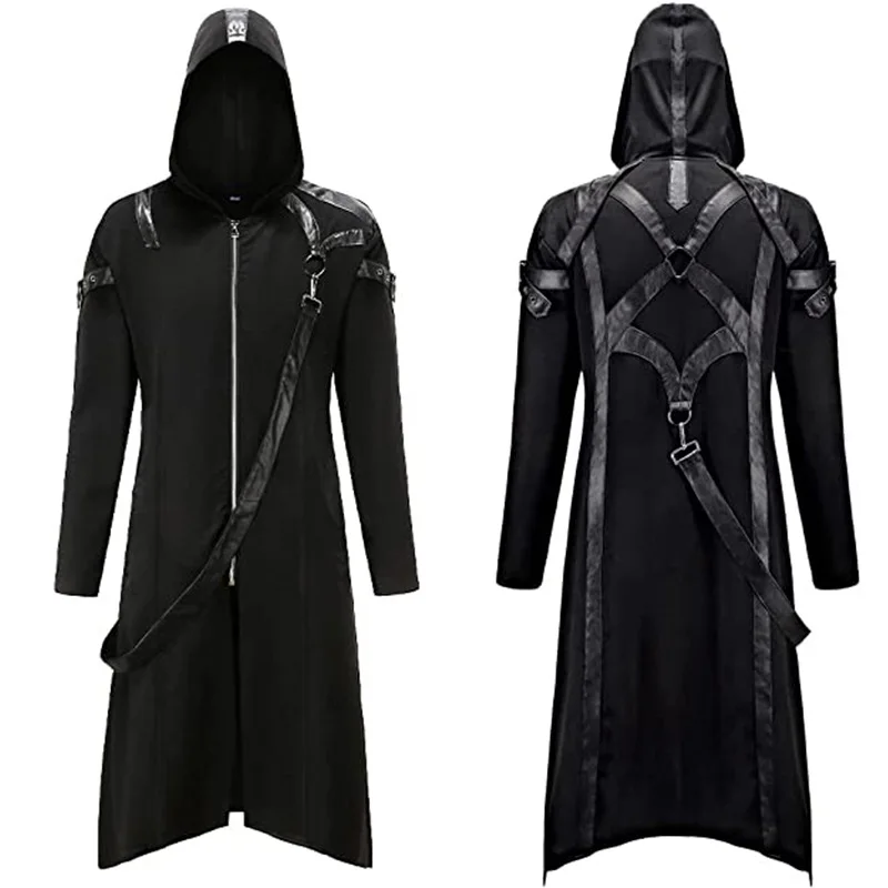 

Men Halloween Cosplay Steampunk Renaissance Hooded Jacket Victorian Gothic Frock Coat