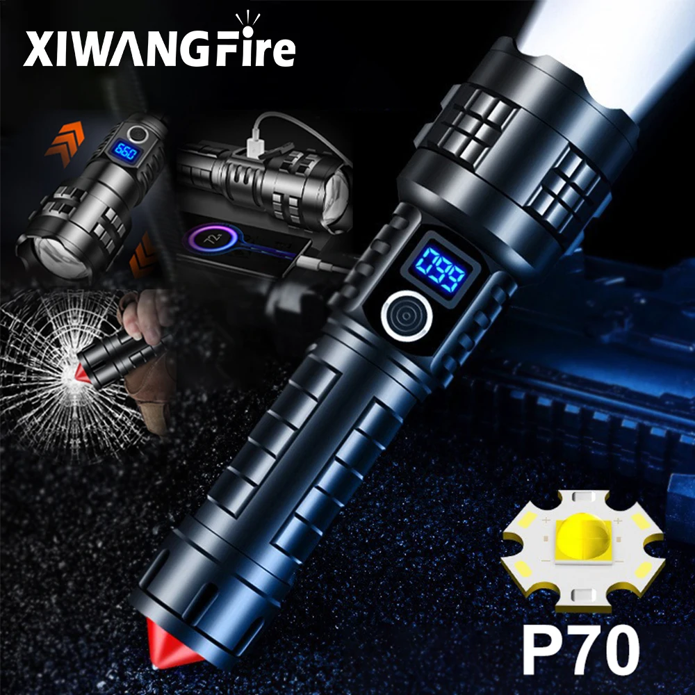 XHP70 LED Flashlight Telescopic Zoom Torch High Power Emergency Lighting USB Rechargeable 4500mAh Battery Tail Hammer Waterproof