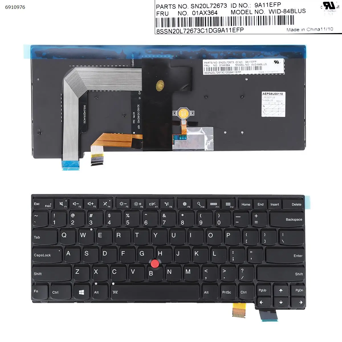US Laptop Keyboard for ThinkPad T460S T470S BLACK FRAME BLACK Backlit with point stick