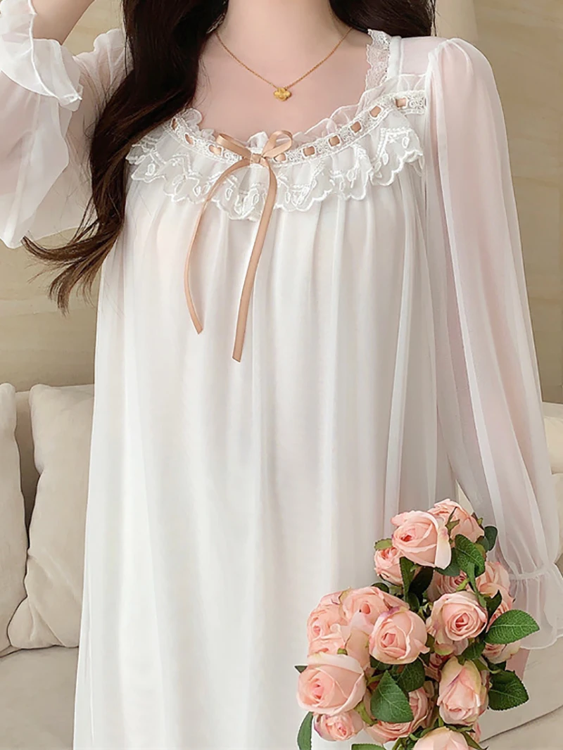 

Princess Mesh Fairy Pajama Nightdress for Women Long Sleeves Ruffles Lace Modal Nightgown Sleepwear Homewear Spring Autumn