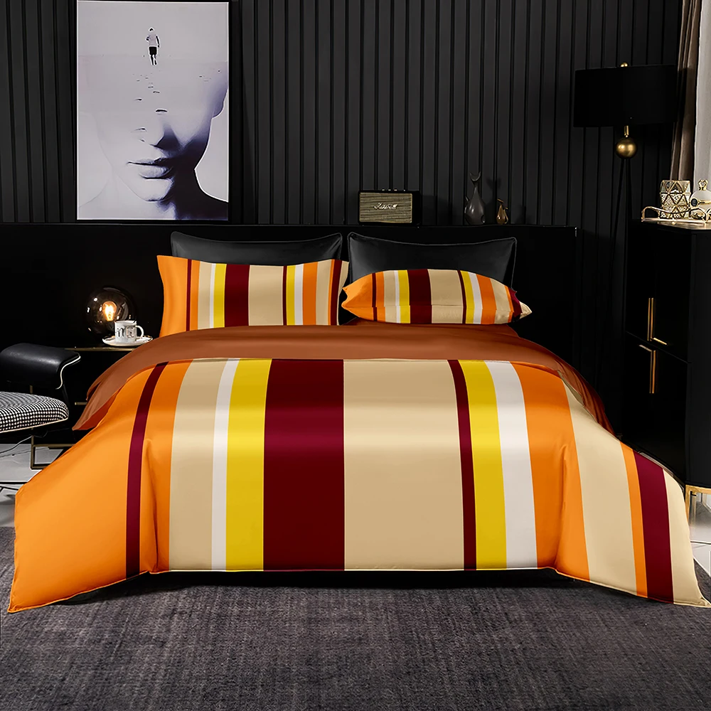 Light Brown Bedding Set African Style Duvet Cover Black White Strips Pattern 220x240 with Pillowcase for Queen King Size | Дом и сад