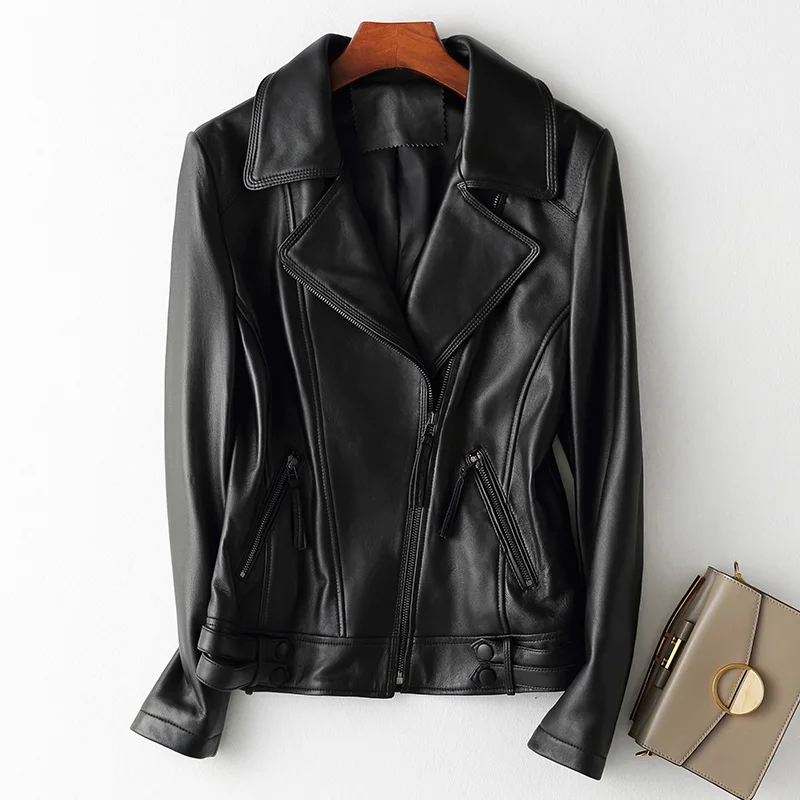 

Lady Black Bomber Jacket Luxury Genuine Sheepskin Moto Jacket Spring Autumn Black Biker Women Clothes CL4008