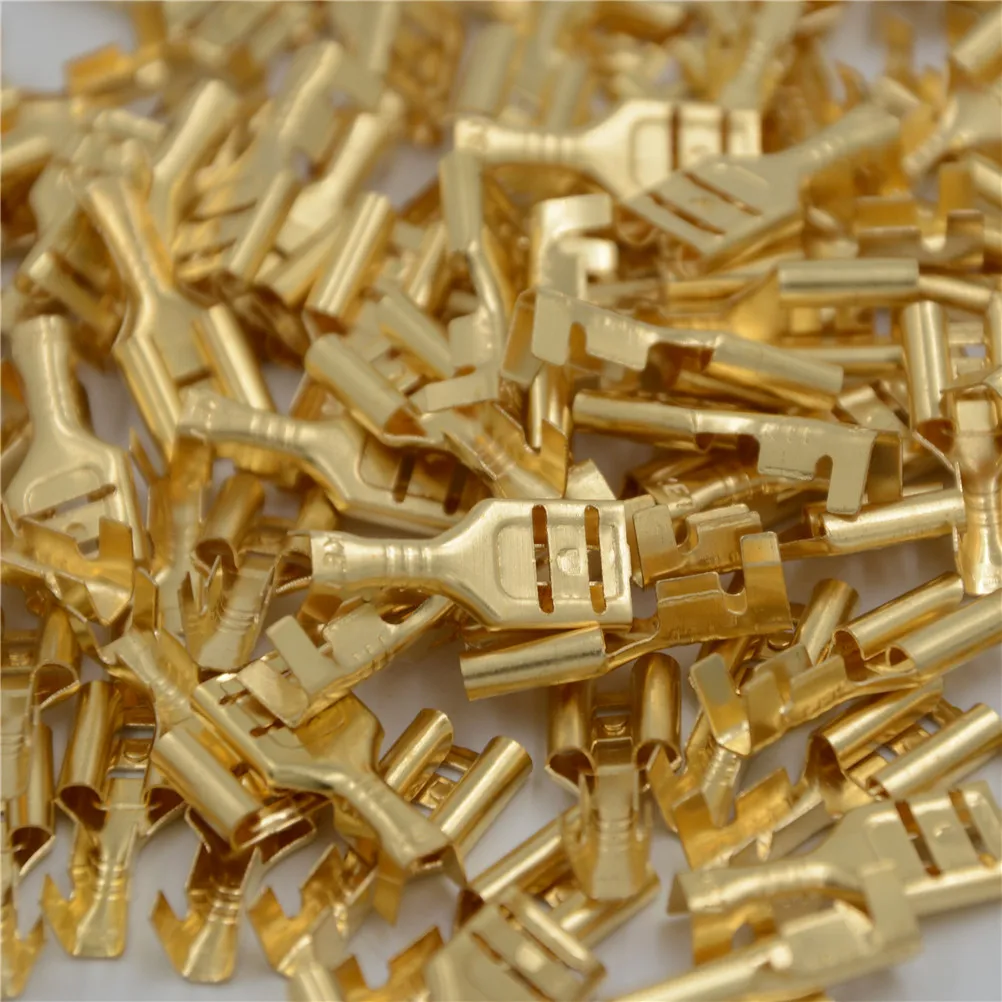 

100pcs/lot Gold Brass Car Speaker Electric Wire Connectors Set Female Crimp Terminal Connector 4.8mm/6.3mm