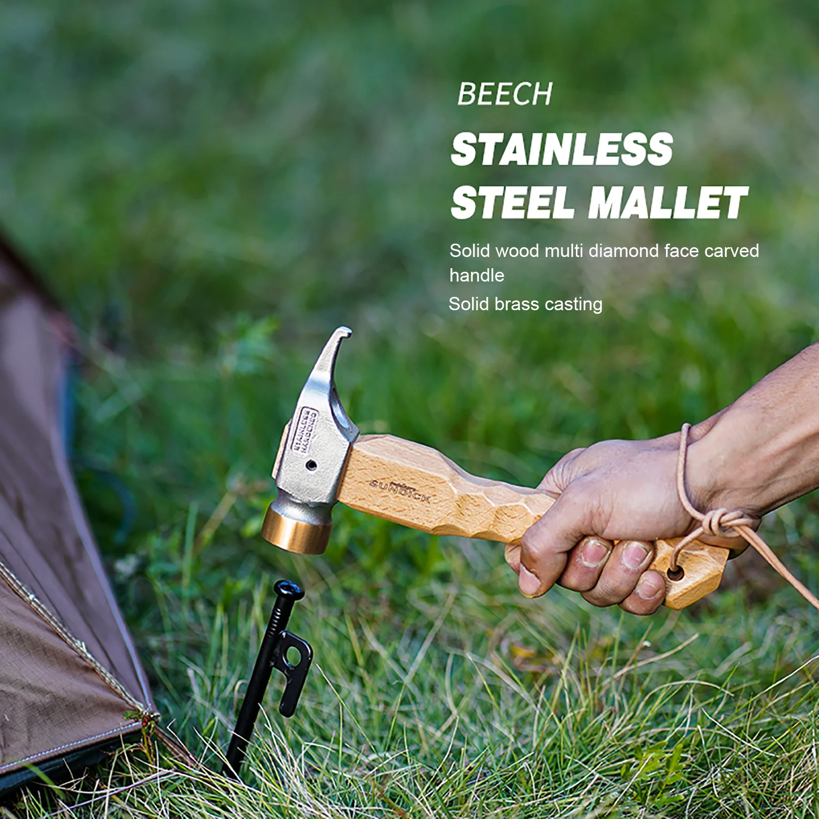 

Multifunctional Tool Hammer Camping Hammer Stainless Steel Copper Beech Handle with Cowhide Lanyard Outdoor Mountaineering Tent