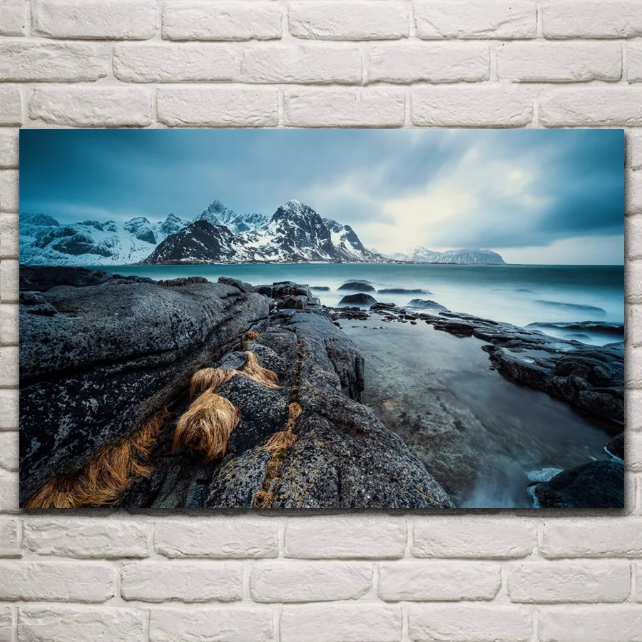 

Winter Coast Rock Lofoten Norway nature landscape living room home art decoration fabric posters for wall KR554